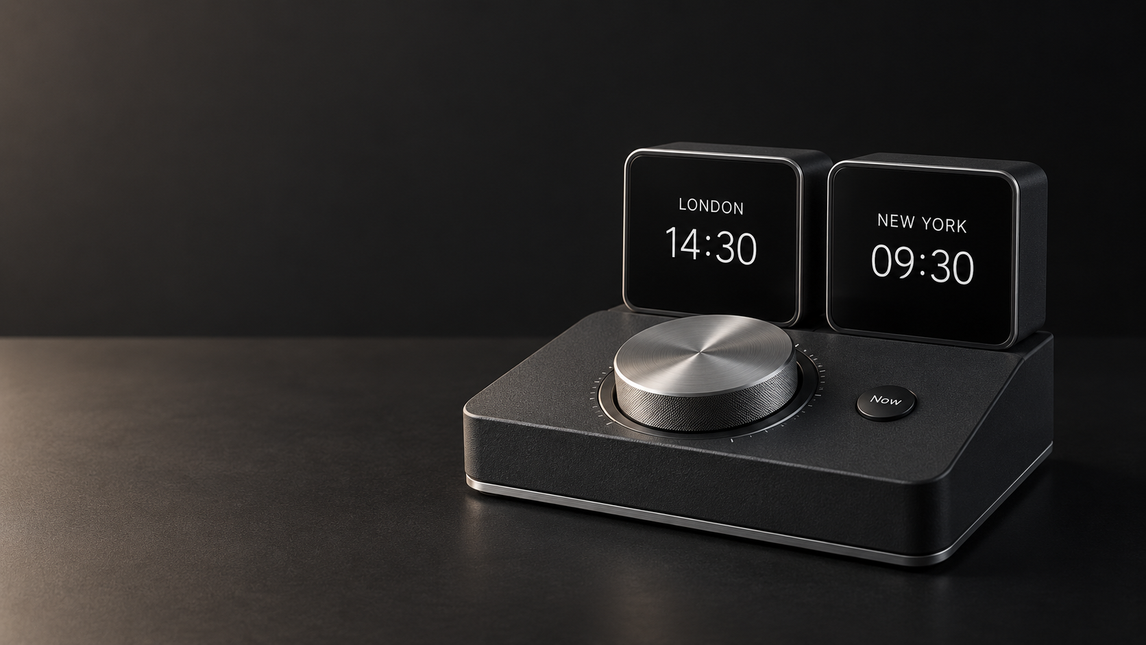 Unbuilt concept render of a charcoal world-clock controller with a metal dial and two separate digital clock tiles